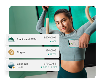 A gymnast wearing teal-colored clothes is holding a mobile with the N26 app open. In the foreground, a pop-up displays the balance and profitability of the Stocks and ETFs account and the Crypto account.