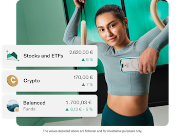 A gymnast wearing teal-colored clothes is holding a mobile with the N26 app open. In the foreground, a pop-up displays the balance and profitability of the Stocks and ETFs account and the Crypto account.