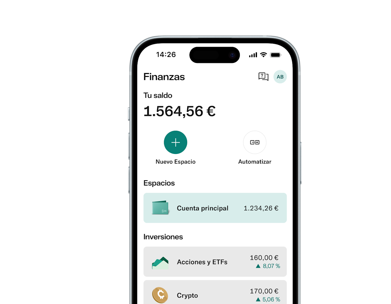 Un teléfono inteligente muestra la interfaz de una aplicación financiera con un saldo total de 1.564,56 € junto con secciones para una cuenta principal, acciones y ETF, e inversiones en criptomonedas.