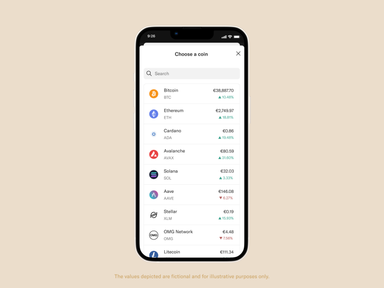 Image of the choose a coin N26 interface displaying several crypto coins.
