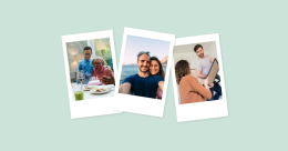 Tres fotos Polaroid, la primera muestra a madre e hijo celebrando un cumpleaños, la segunda a una pareja de vacaciones y la tercera a una pareja renovando una habitación.