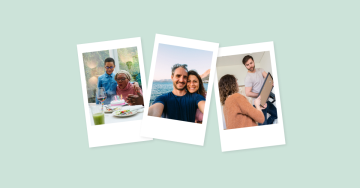 Tres fotos Polaroid, la primera muestra a madre e hijo celebrando un cumpleaños, la segunda a una pareja de vacaciones y la tercera a una pareja renovando una habitación.