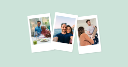 Three Polaroid photos, the first one shows mother and son celebrating a birthday, the second one a couple on vacations, and the third on a couple renovating a room.