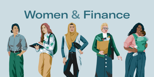 An illustration of many different women around the headline Women & Finance.