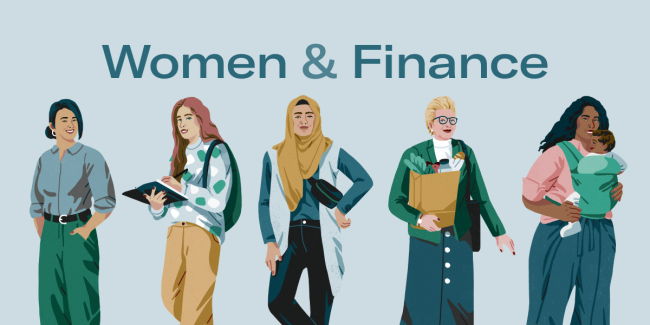 Eine Illustration mehrerer verschiedener Frauen, um die Überschrift Women & Finance drum herum.