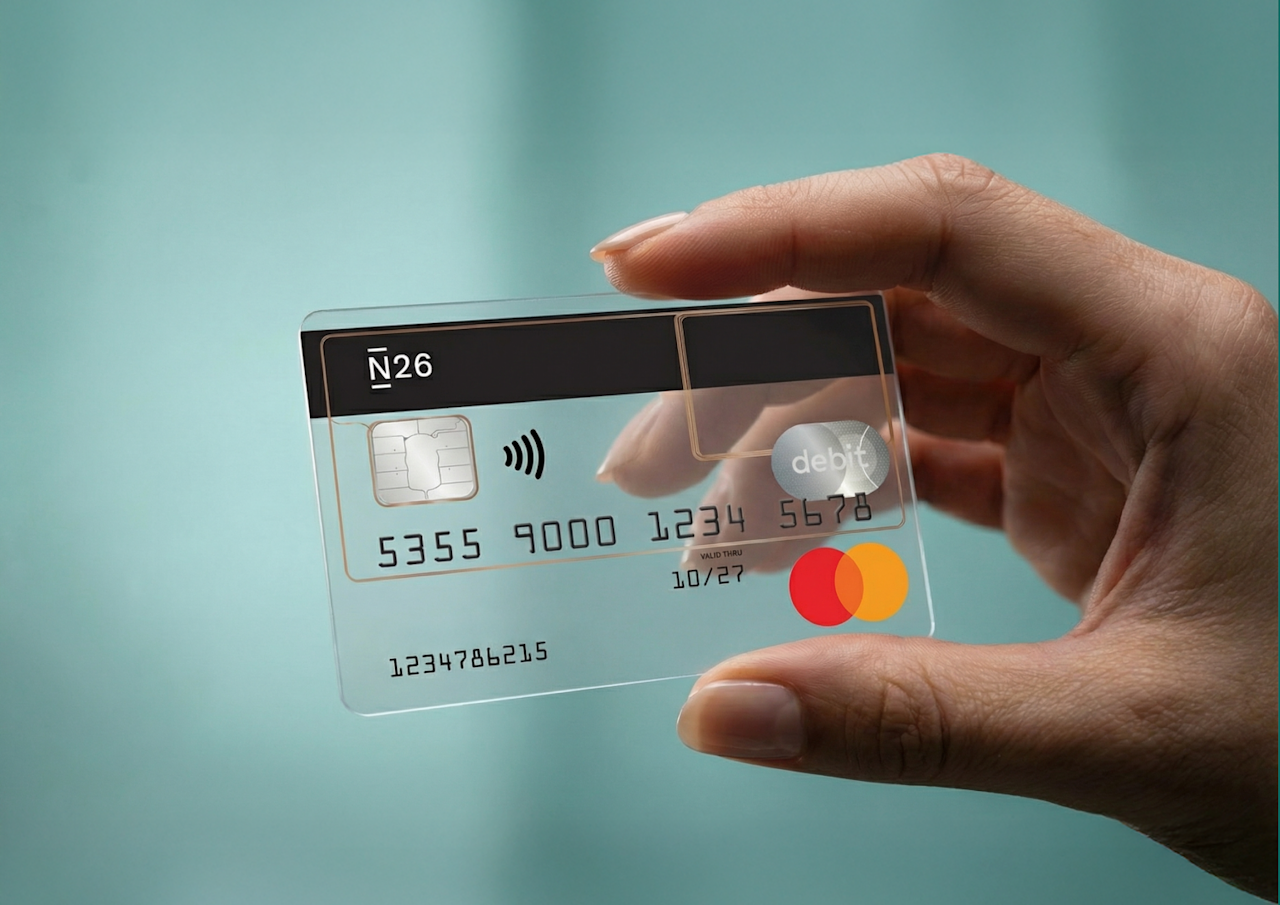 Eine Hand hält eine transparente N26-Debitkarte mit einem schwarzen Streifen, einem Chip und dem Mastercard-Logo vor einem blaugrünen Hintergrund.