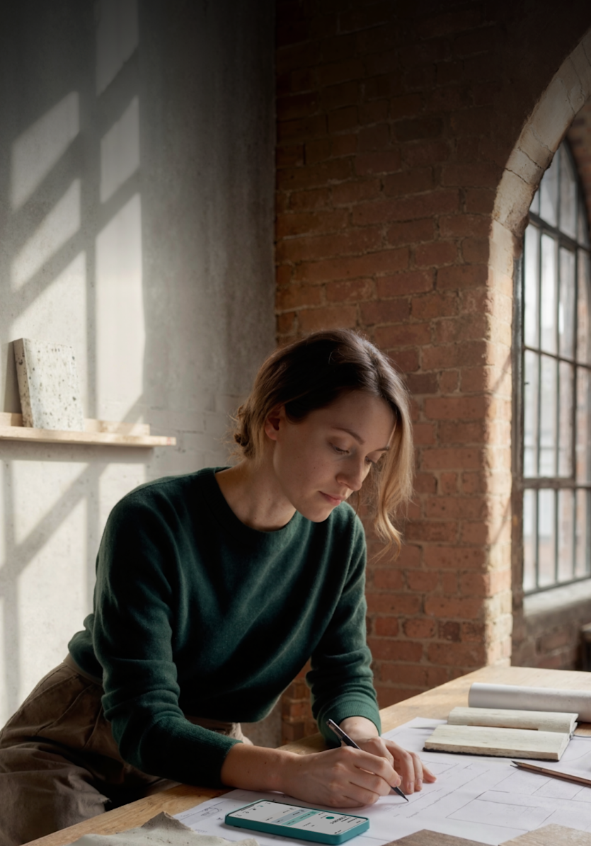 Una mujer con un suéter verde se sienta en un escritorio de madera dibujando en planos arquitectónicos junto a un teléfono inteligente y muestras de materiales.