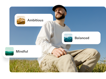 Picture of a man sitting in a field looking to the horizon with some tiles presenting different risk profile as investor.