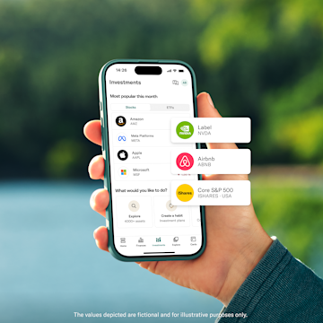 A hand holds a smartphone showing the N26 investment screen with overlaid cards for stock options.