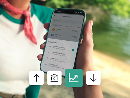 A smartphone displays the crypto trading screen with options to sort coins by market cap or price.