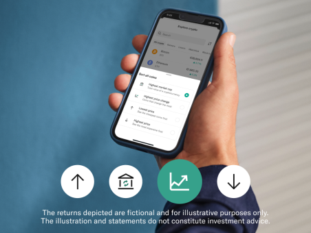 Hand holding a mobile displaying crypto in the N26 app. In the foreground four rounded icons. 