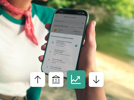 Un smartphone affiche l'écran de trading de crypto avec des options pour trier les pièces par capitalisation ou prix.