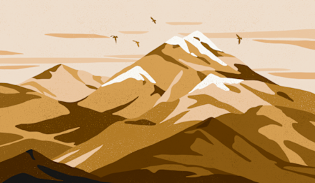 A brown abstract illustration of rolling hills and mountains in a serene landscape.
