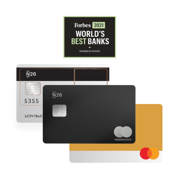 N26 Standard Bank Card, YOU Account Card, Premium Metal Card with Forbes Best Bank Logo.