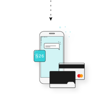 Bild von n26-App auf einem Mobiltelefon und zwei Debitkarten.