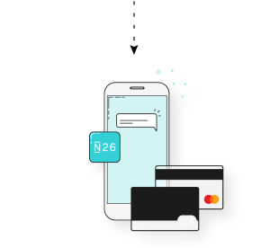 image de N26 application sur un téléphone mobile et deux cartes de débit.
