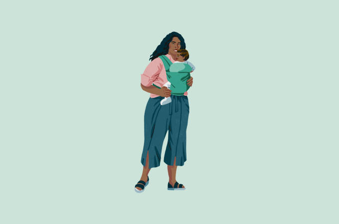 Illustration d'une femme portant son enfant sur sa poitrine.