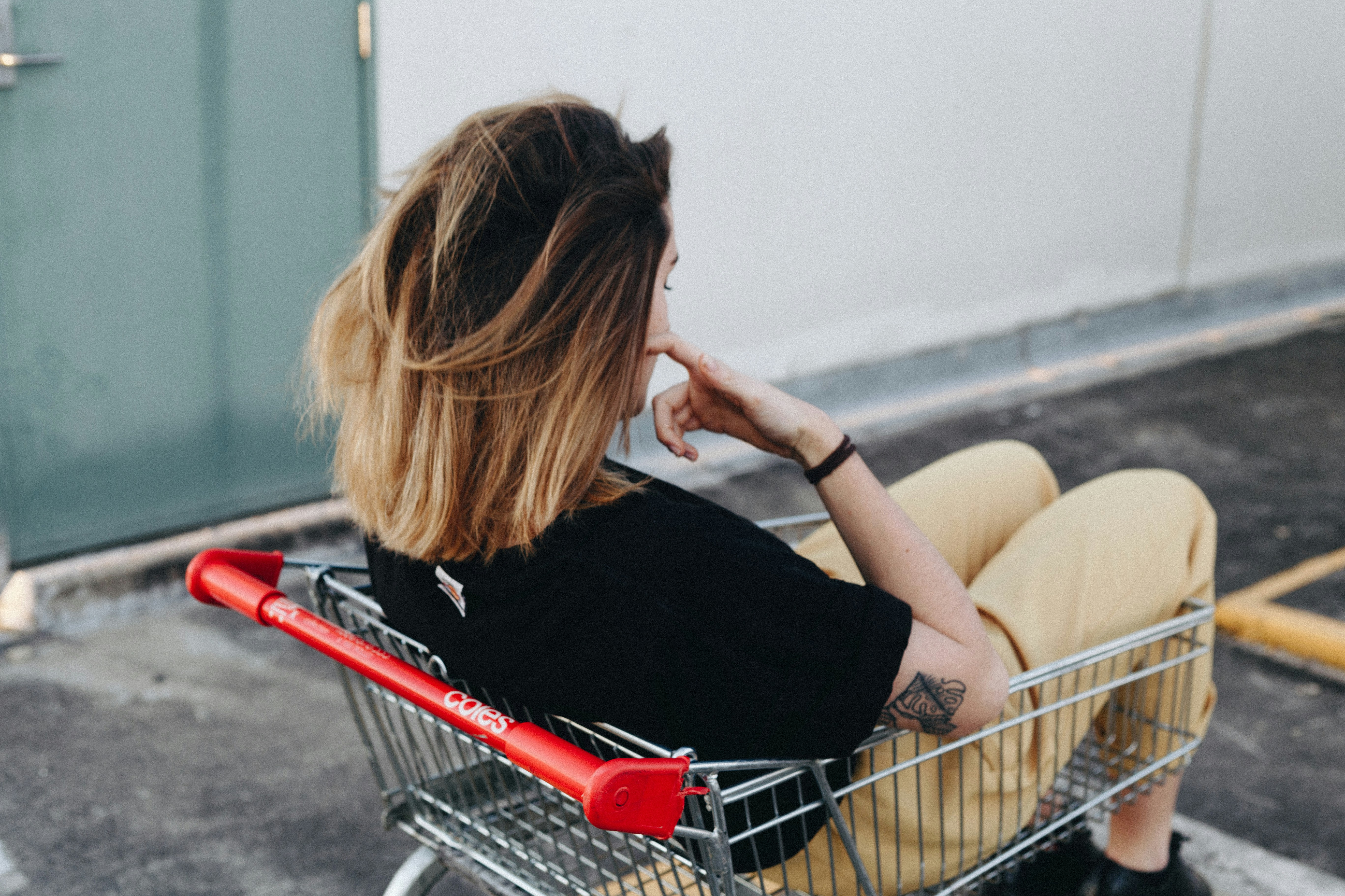 A woman sitting in a shopping cart. 