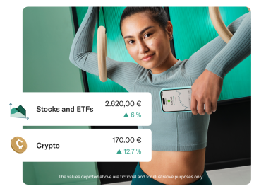 Gymnast wearing teal color clothes and holding a mobile with the N26 app open. In the foregound there is pop up displaying the balance and profitability in the Stocks and ETFs account and Crypto account. 