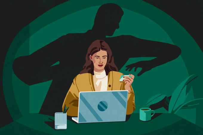 Illustration of a woman holding a credit card on a laptop with a shadow behind her. 