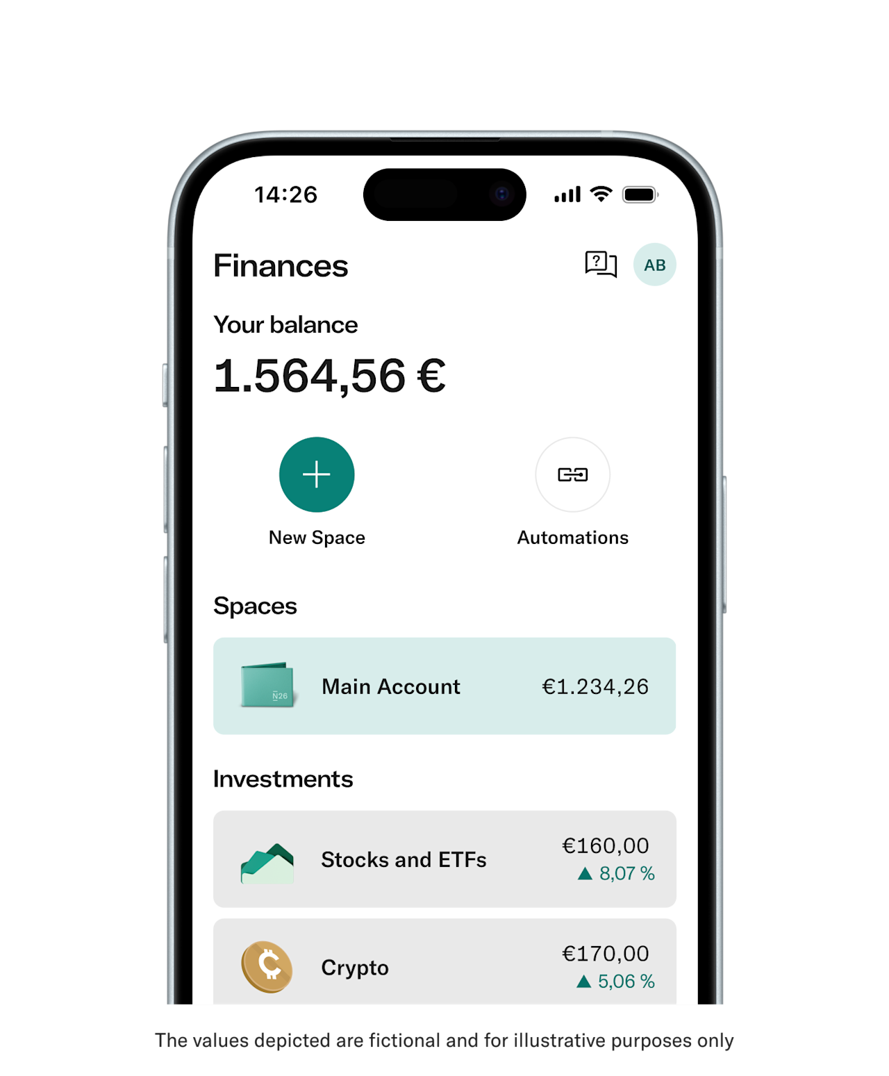 A smartphone displays a financial app interface showing a total balance of 1.564,56 € along with sections for a main account, stocks and ETFs, and crypto investments.