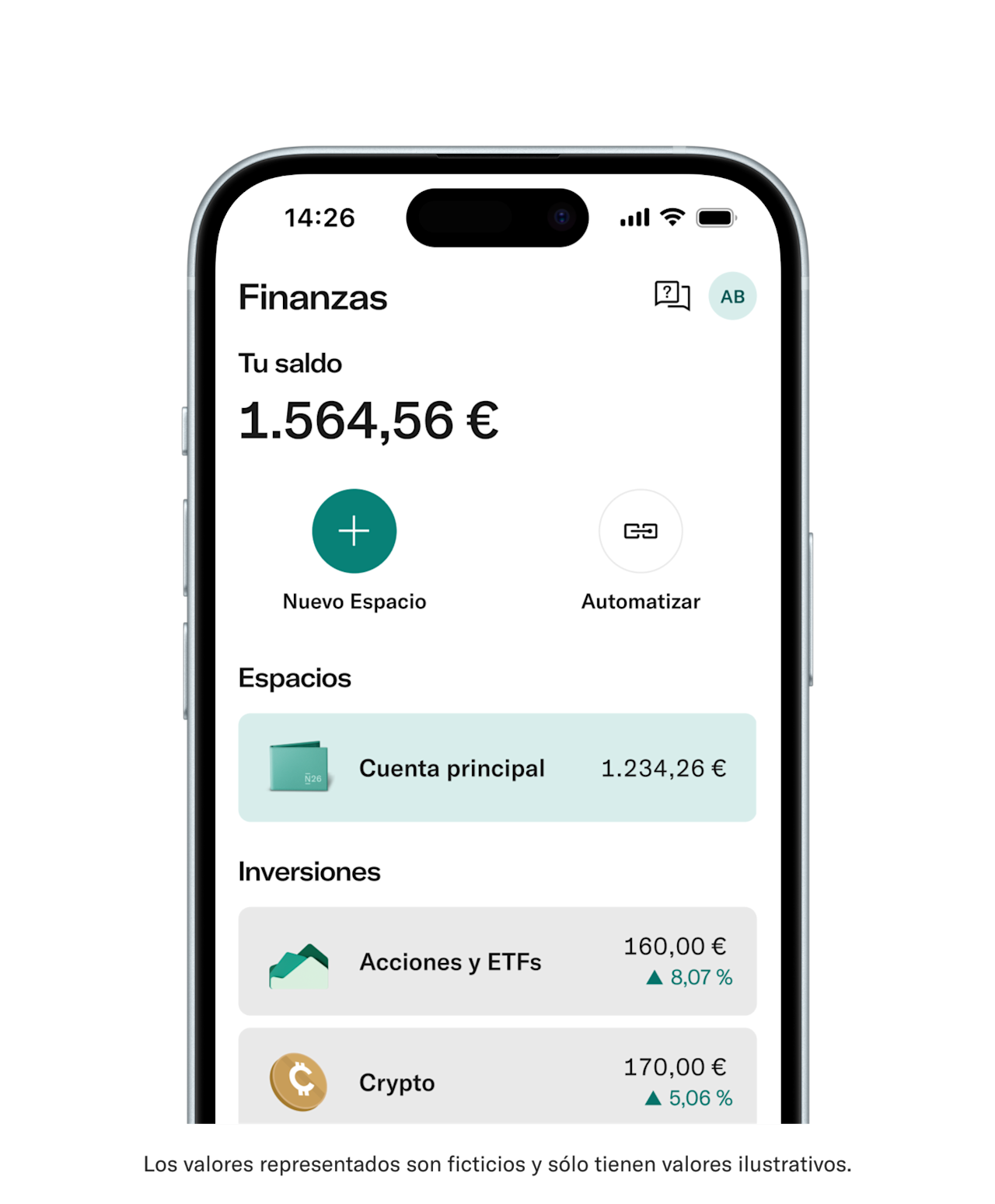 Un teléfono inteligente muestra la interfaz de una aplicación financiera con un saldo total de 1.564,56 € junto con secciones para una cuenta principal, acciones y ETF, e inversiones en criptomonedas.