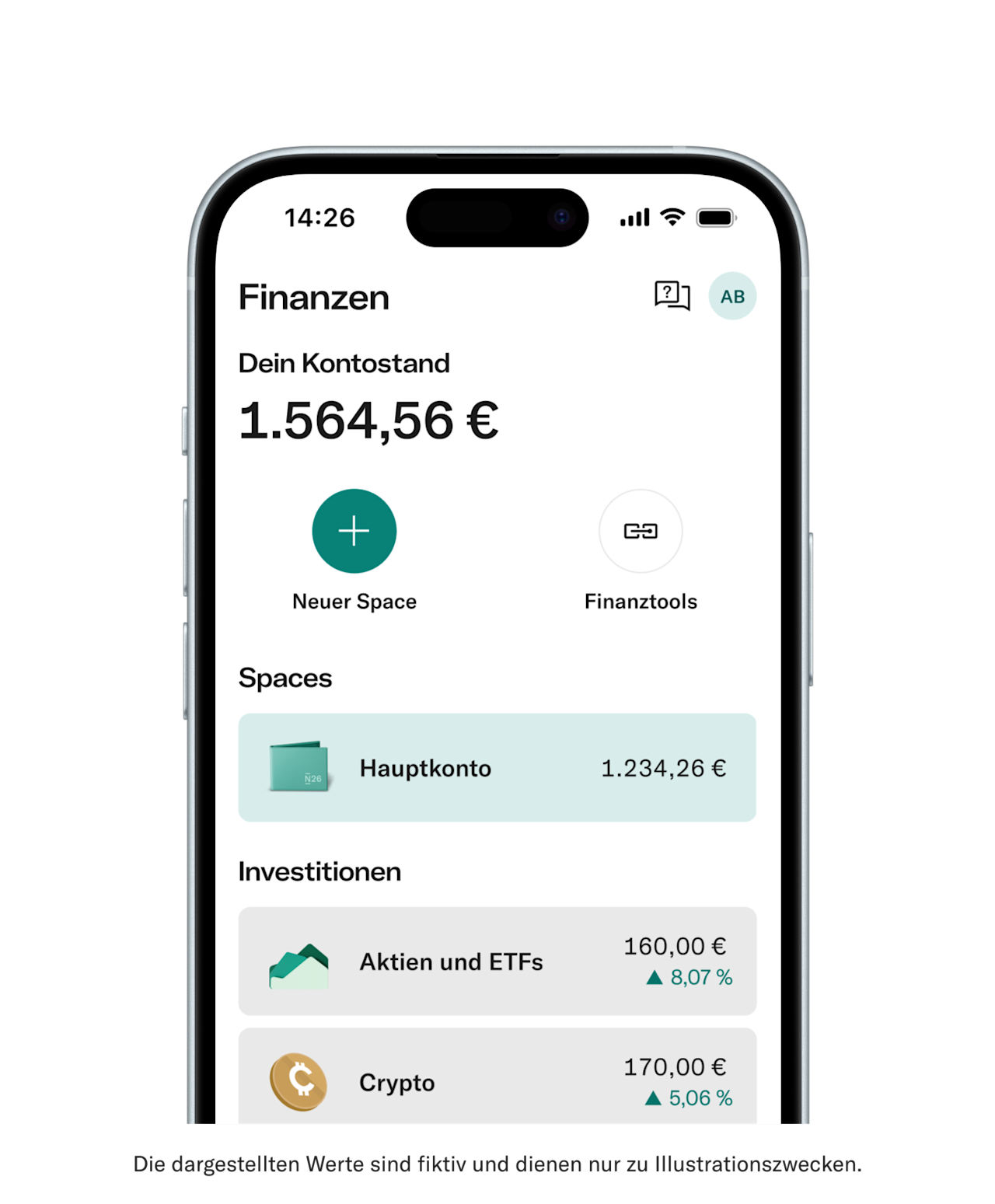 Ein Smartphone zeigt die Oberfläche einer Finanz-App mit einem Gesamtsaldo von 1.564,56 € sowie Bereichen für ein Hauptkonto, Aktien und ETFs und Krypto-Investitionen an.