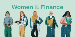 Eine Illustration mehrerer verschiedener Frauen, um die Überschrift Women & Finance drum herum.