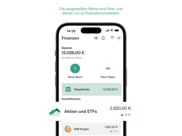 Mobile und N26-App zeigen die Variation von Aktien & ETFs und Krypto-Investitionen.