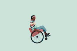 Ilustración de una persona en una silla de ruedas color rosada.