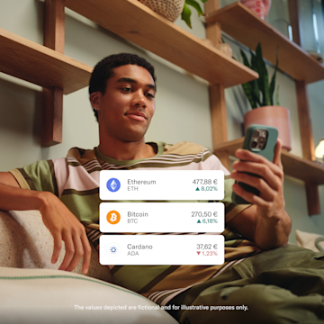 A young man sits on a couch looking at his phone, with overlaid cards displaying cryptocurrency balances.