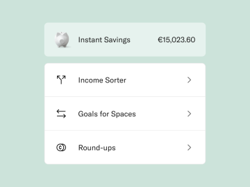 N26 saving automatization tools: Income Sorter, Goals for Spaces and Round-ups.