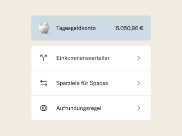 Bild, das den Saldo auf dem Sparkonto und die Funktionen „Aufrunden“, „Einkommenssortierer“ und „Ziele für Räume“ zeigt.