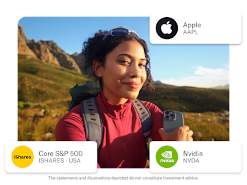 A woman hiking holds a smartphone, with overlaid cards displaying the stock names Apple, Core S&P 500, and Nvidia.
