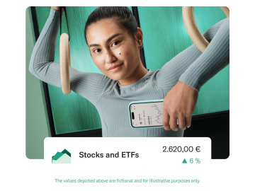Gymnast wearing color teal clothes and holding a mobile showing investments. In the foreground there is a pop with the Stocks and ETFs balance.