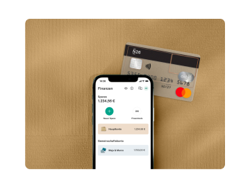 N26-App mit Anzeige des Guthabens auf einem Gemeinschaftskonto, einer Standard-Kontokarte und dem Badge „Deutschland Beliebteste Banken“ von Focus Money.