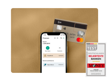 N26-App mit Anzeige des Guthabens auf einem Gemeinschaftskonto, einer Standard-Kontokarte und dem Badge „Deutschland Beliebteste Banken“ von Focus Money.
