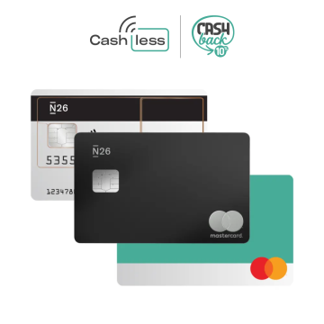 Mastercard N26 trasparente, Acquamarina e Metal con il logo del concorso N26 Cashless e del cashback di stato.