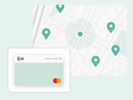 An N26 virtual card with a map highlighting cash points in the background.