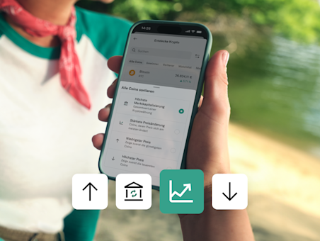Ein Smartphone zeigt den Krypto-Trading-Bildschirm mit Optionen zum Sortieren von Coins nach Marktkapitalisierung oder Preis.