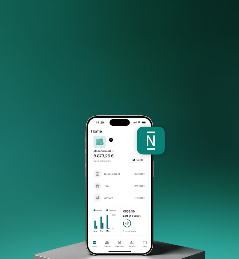 A smartphone displays the N26 banking app home screen with transaction history and graphs.