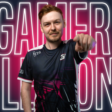 GamerLegion logo in the background and a player in the foreground wearing the GamerLegion jersey.