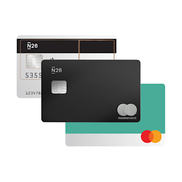 N26 transparent Mastercard, Charcoal black Metal Mastercard and teal Mastercard.