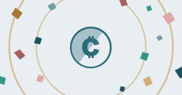 Illustrazione che mostra un'icona nel mezzo dell'immagine che rappresenta una criptovaluta e circondata da cerchi concentrici con diversi piccoli quadrati lungo l'immagine.