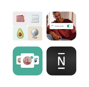 Four squares displaying icons, the n26 logo, and man smiling. 