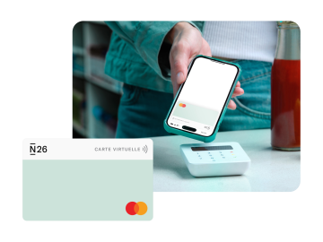 Une personne utilisant la carte virtuelle N26 pour effectuer un paiement, avec une image en gros plan de la carte virtuelle au premier plan.