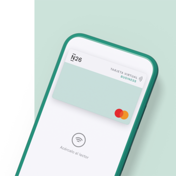 aplicación de banca N26 para autónomos que muestra una MasterCard virtual en un fondo verde claro.