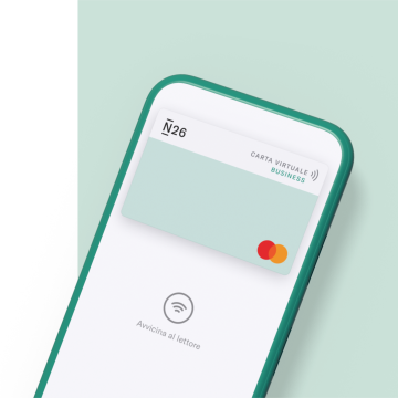N26 app banking per i liberi professionisti che mostrano una MasterCard virtuale su uno sfondo verde chiaro.