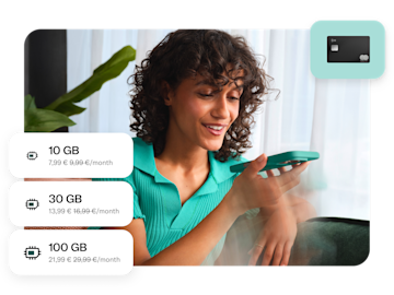 A woman holds a smartphone, with overlaid cards displaying three different mobile data plan options and prices.