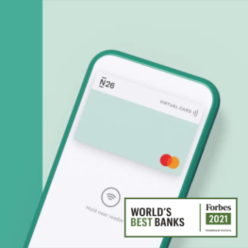 N26 banking app showing a virtual mastercard on a light green background with Forbes best bank logo.